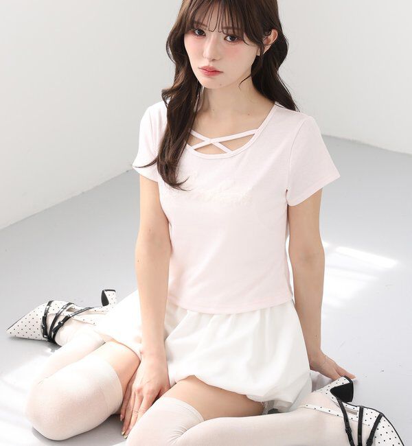  「ホルターネック付きチュールロゴＴシャツ」|プルオーバー|