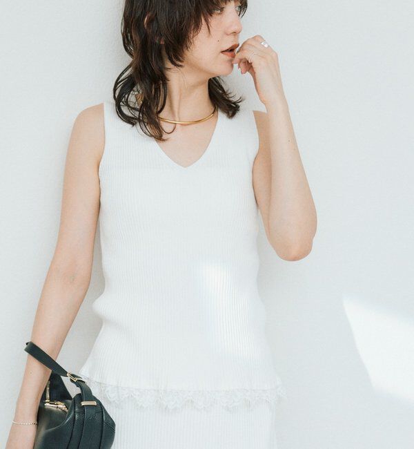  「予約【セットアップ対応可】レースヘムスリーブレスニット」|ニット・セーター|オフホワイト