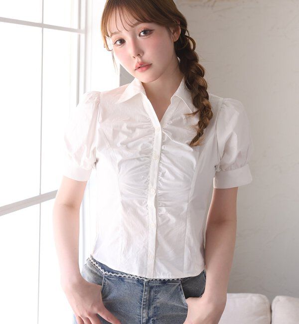  「フロントギャザー半袖ボウタイブラウス」|シャツ・ブラウス|