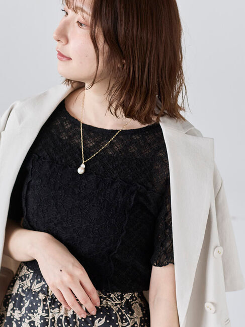 Te chichi「パッチワークレース5分袖トップス」|Tシャツ・カットソー|ブラック