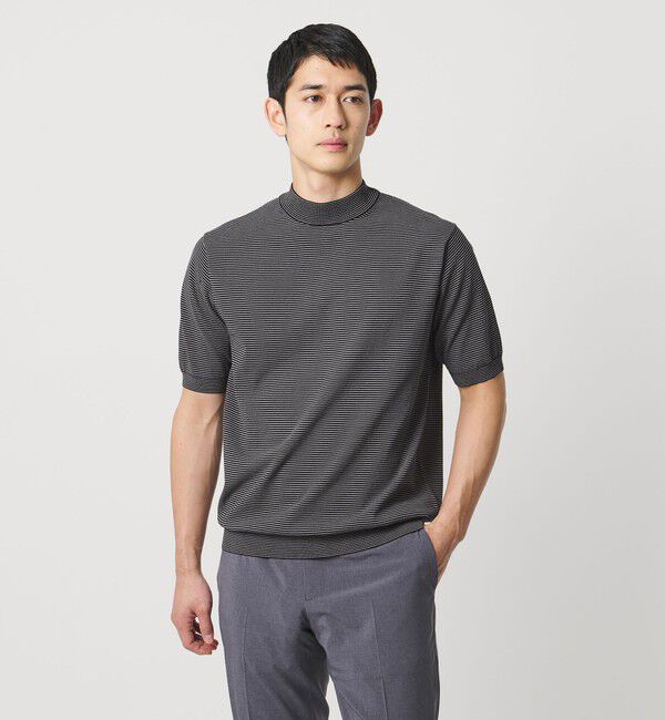 UNITED ARROWS「ショートスリーブ ボーダー モックネック ニットTシャツ UA COZY ウォッシャブル 抗菌防臭」|Tシャツ・カットソー|