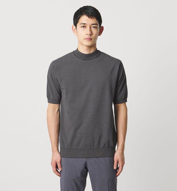UNITED ARROWS「ショートスリーブ ボーダー モックネック ニットTシャツ UA COZY ウォッシャブル 抗菌防臭」|Tシャツ・カットソー|