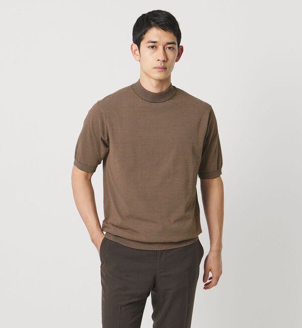 UNITED ARROWS「ショートスリーブ ボーダー モックネック ニットTシャツ UA COZY ウォッシャブル 抗菌防臭」|Tシャツ・カットソー|