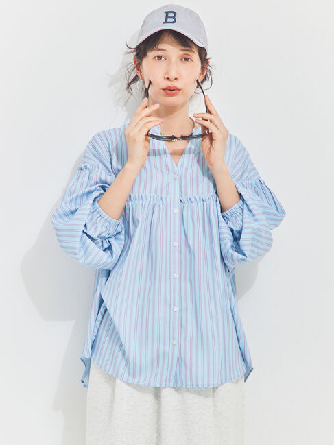 Samansa Mos2「【多機能】フリル切替スキッパーシャツ」|シャツ・ブラウス|サックスブルー