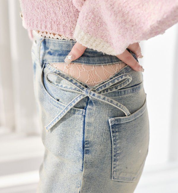  「【選べる4サイズ】サイドカットレース美脚ビジューデニム」|その他|ブルー