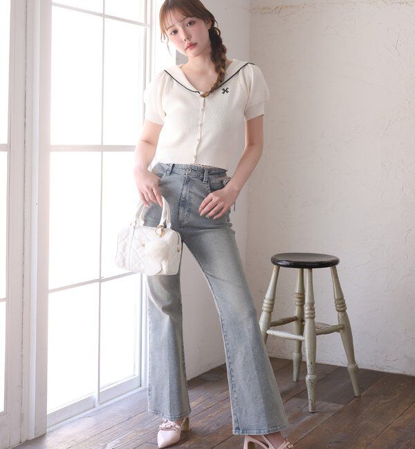  「【選べる4サイズ】サイドカットレース美脚ビジューデニム」|その他|