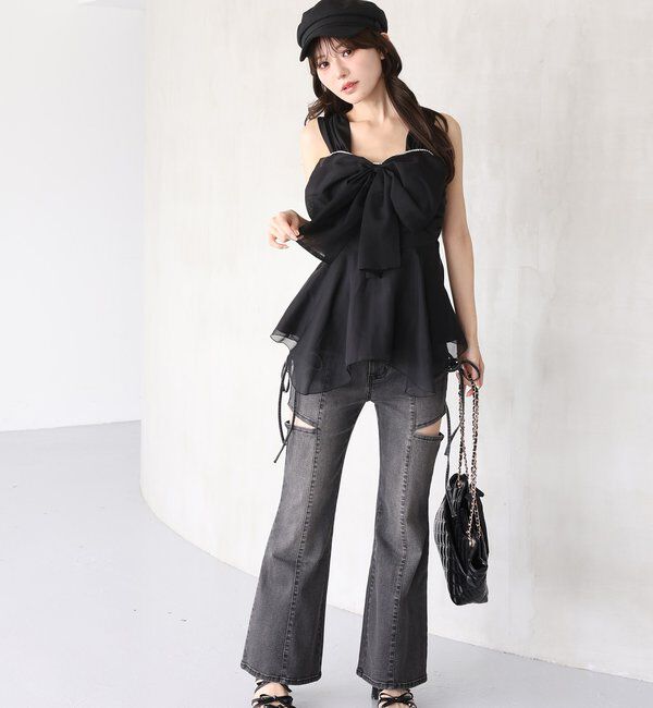  「【SMサイズ展開あり】サイドスリットリボン美脚デニムパンツ」|その他|