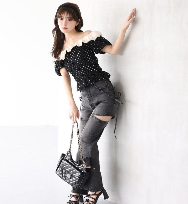  「【SMサイズ展開あり】サイドスリットリボン美脚デニムパンツ」|その他|