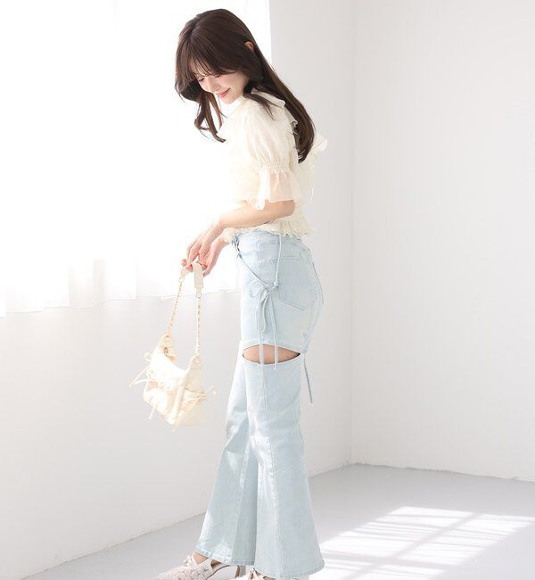  「【SMサイズ展開あり】サイドスリットリボン美脚デニムパンツ」|その他|