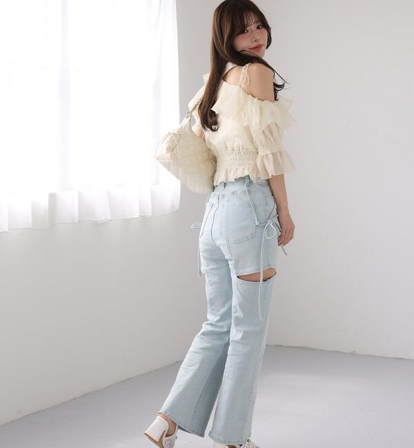  「【SMサイズ展開あり】サイドスリットリボン美脚デニムパンツ」|その他|