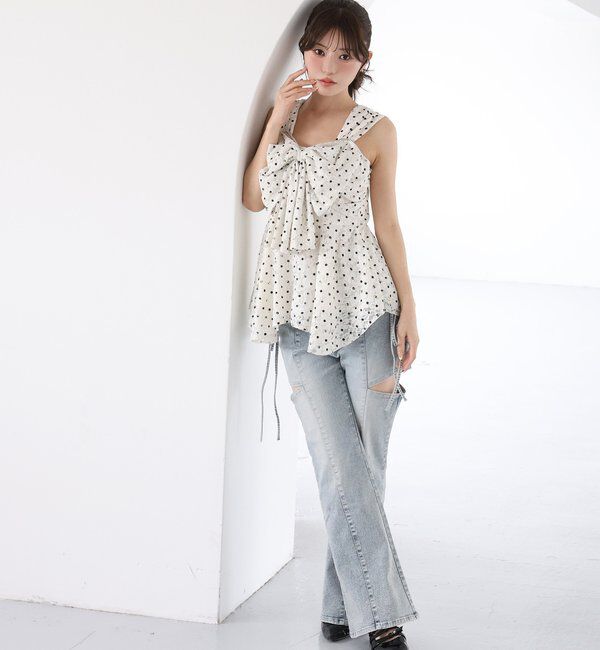  「【SMサイズ展開あり】サイドスリットリボン美脚デニムパンツ」|その他|