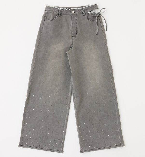  「【SMLサイズ展開・ウエストサイズ調整可】サイドカットレースビジューワイドデニム」|その他|ブラック