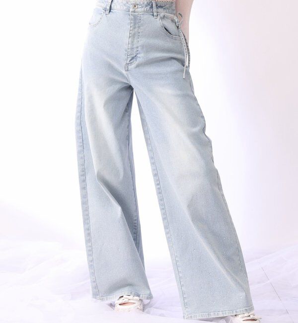  「【SMLサイズ展開・ウエストサイズ調整可】サイドカットレースビジューワイドデニム」|その他|