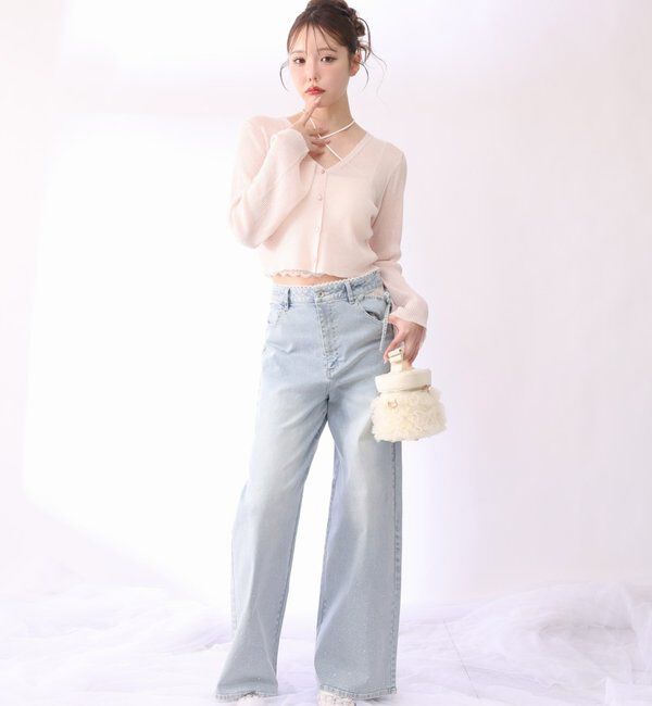  「【SMLサイズ展開・ウエストサイズ調整可】サイドカットレースビジューワイドデニム」|その他|