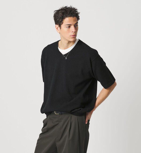 BEAUTY&YOUTH UNITED ARROWS「KNITEE クリンプコットン Vネック ニット Tシャツ ウォッシャブル」|ニット・セーター|
