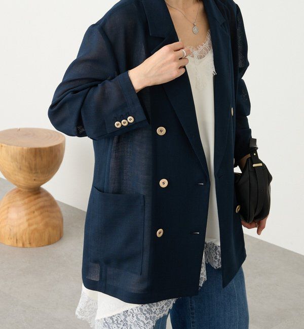  「予約【日除け・冷房避けに】リネンライクメッシュジャケット」|テーラードジャケット|ネイビー