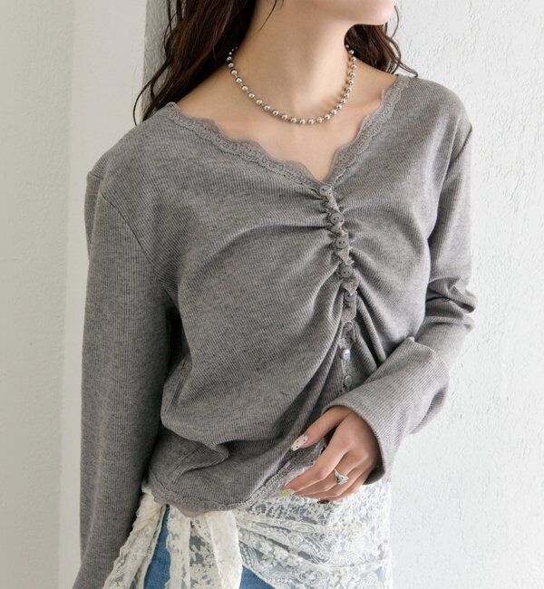  「ギャザーレースリブカーディガン」|Tシャツ・カットソー|