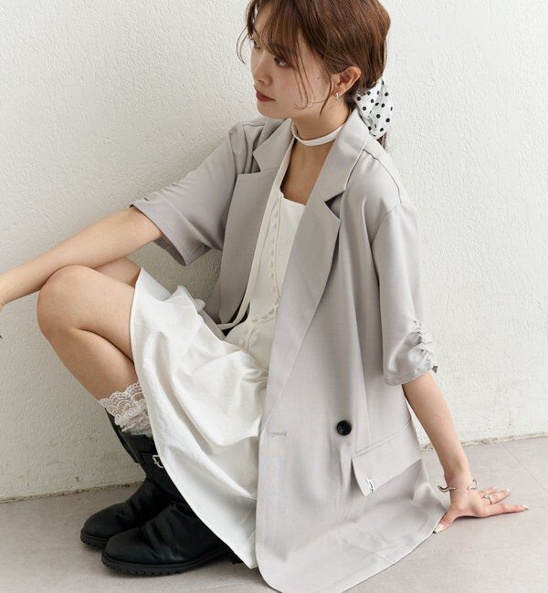  「袖口ギャザー半袖ジャケット」|テーラードジャケット|