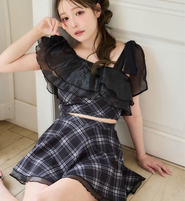  「swimwear/肩リボンワンショル+フレアミニスカート(3点セット)」|その他|チェック