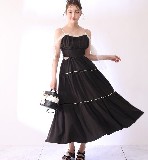  「【SMサイズ展開あり】サイドカットリボンロングキャミワンピ」|ワンピース|ブラック