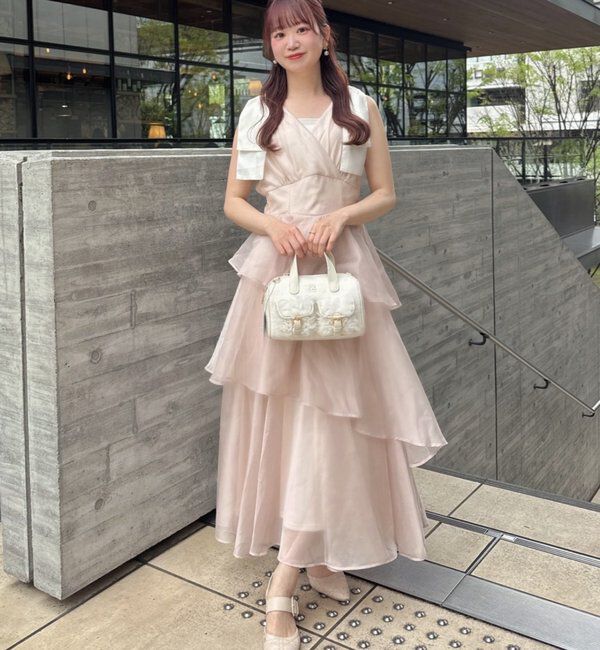  「【LouLoumei】肩リボンティアードロングワンピース」|その他|ピンクベージュ