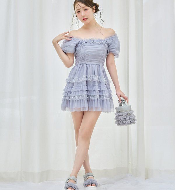  「【Tulle Collection】ティアードミニワンピース」|ワンピース|サックスブルー