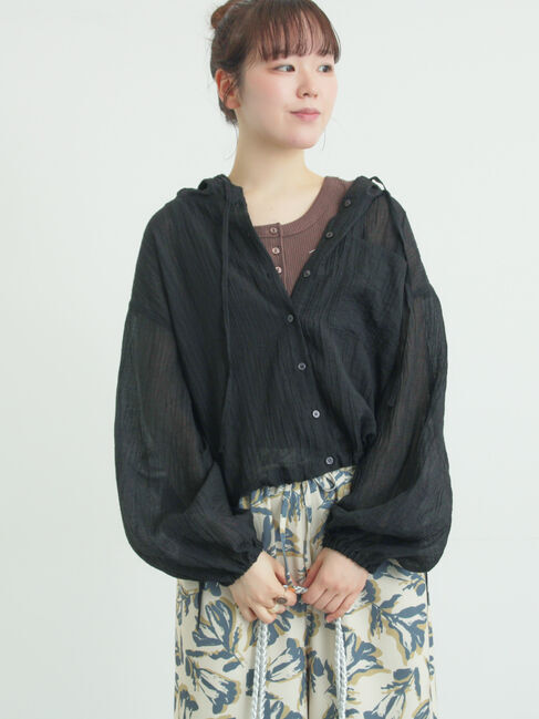 Samansa Mos2「シアー裾ドロストフードシャツ」|シャツ・ブラウス|