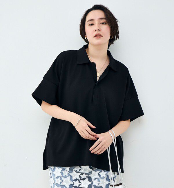 Rie Miller「ウォッシャブルポロ襟ハーフスリーブジョーゼットダンボール」|ポロシャツ|ブラック