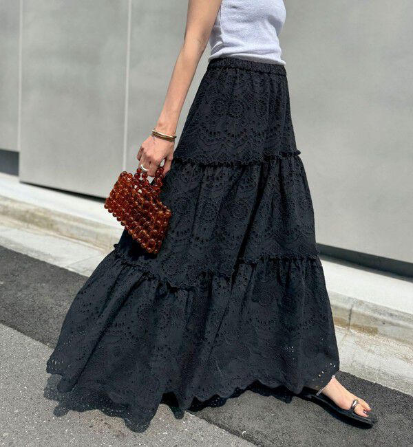 MAQWEL「【MAQWEL/マクウェル】ウォッシャブルコツトンレースティアードスカート」|スカート|ブラック