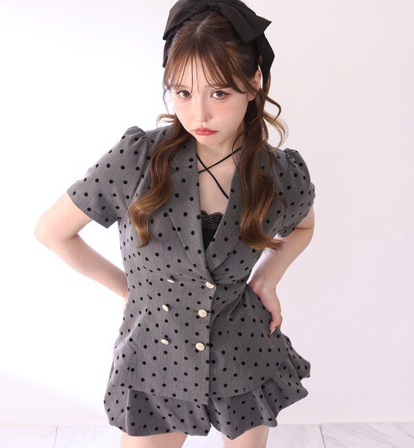  「【セットアップ可能】レースアップ半袖ペプラムジャケット／SMサイズ」|ダウンベスト・ベスト|