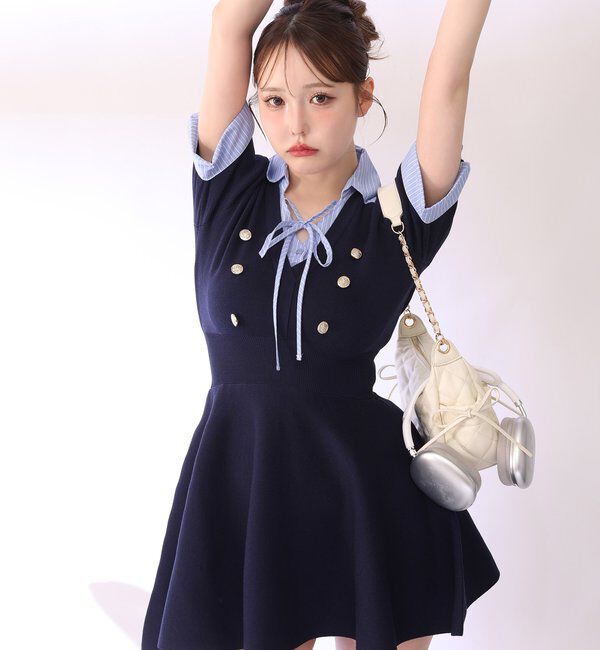  「シャツドッキング半袖ミニワンピース」|ワンピース|ネイビー