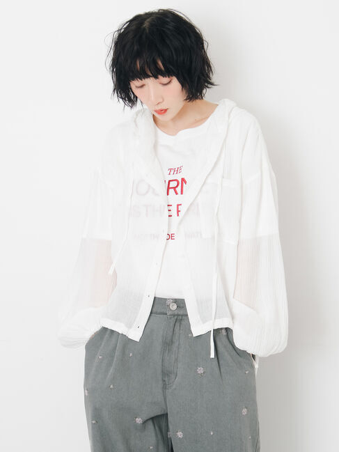 Samansa Mos2「シアー裾ドロストフードシャツ」|シャツ・ブラウス|オフホワイト