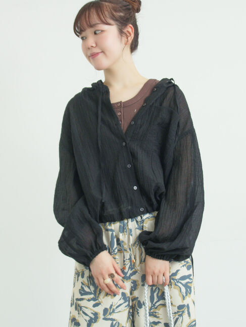 Samansa Mos2「シアー裾ドロストフードシャツ」|シャツ・ブラウス|