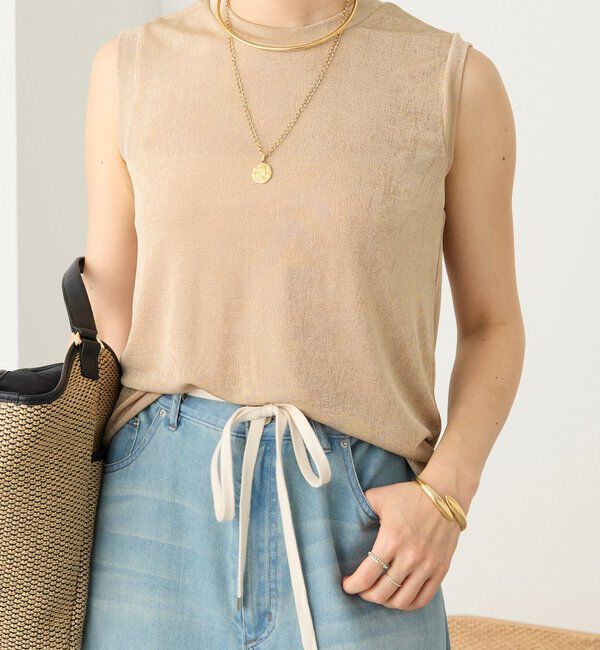  「予約【上品な光沢が目を引く】シャイニーノースリTee」|キャミソール|ベージュ