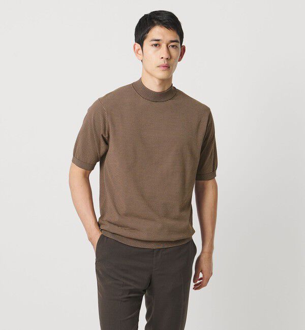 UNITED ARROWS「ショートスリーブ ボーダー モックネック ニットTシャツ UA COZY ウォッシャブル 抗菌防臭」|Tシャツ・カットソー|