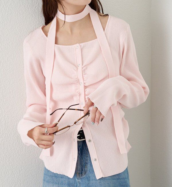  「タイ付きスクエアネックカーディガン」|カーディガン|ピンク