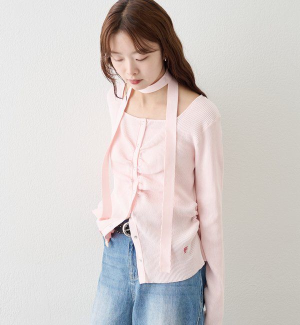  「タイ付きスクエアネックカーディガン」|カーディガン|