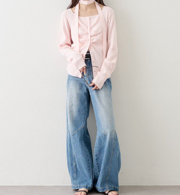  「タイ付きスクエアネックカーディガン」|カーディガン|