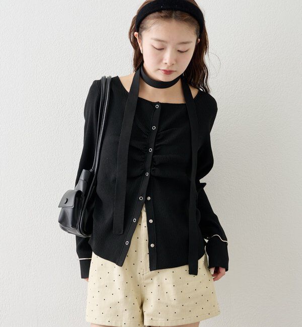  「タイ付きスクエアネックカーディガン」|カーディガン|