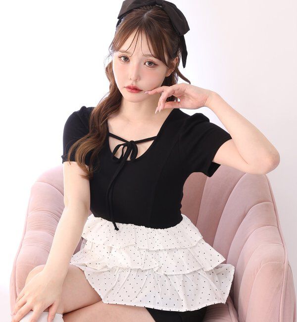  「リボン付き裾フリルペプラムトップス」|プルオーバー|ブラック