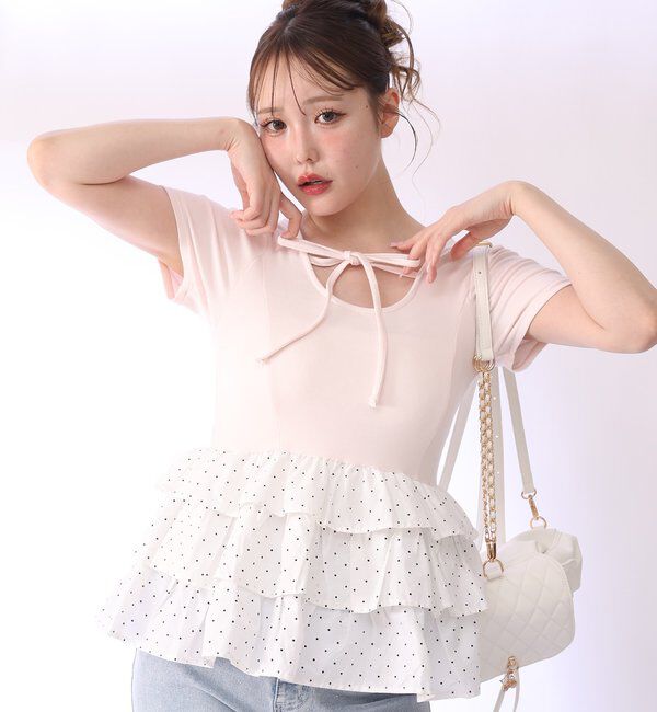  「リボン付き裾フリルペプラムトップス」|プルオーバー|