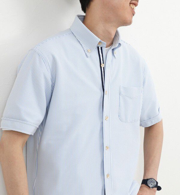 NOLLEY'S goodman「《ビジカジ対応》トリコットサッカーテープBD SS 半袖ボタンダウンシャツ 26SS」|シャツ・ブラウス|ブルー系その他