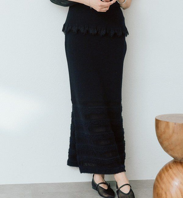  「予約【セットアップ対応可】フリンジボーダーニットスカート」|スカート|ブラック