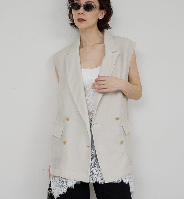  「メッシュダブルジレ」|ベスト・ジレ|ライトベージュ