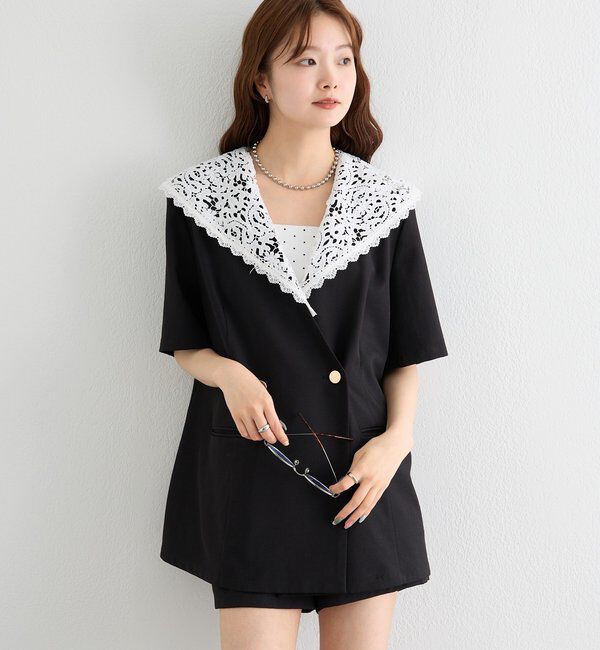  「レース付け襟半袖ジャケット」|テーラードジャケット|