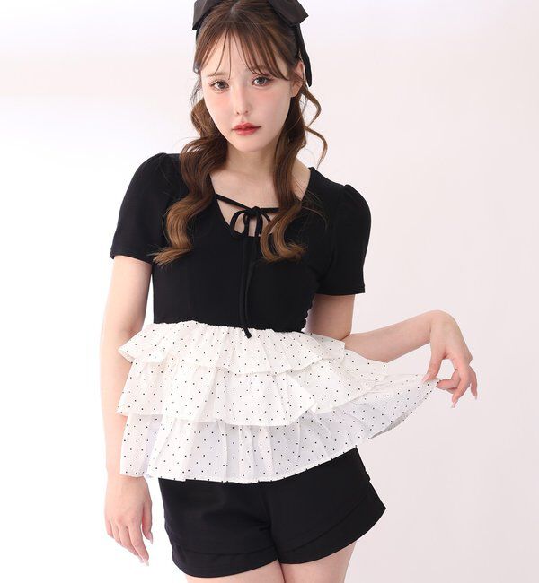  「リボン付き裾フリルペプラムトップス」|プルオーバー|