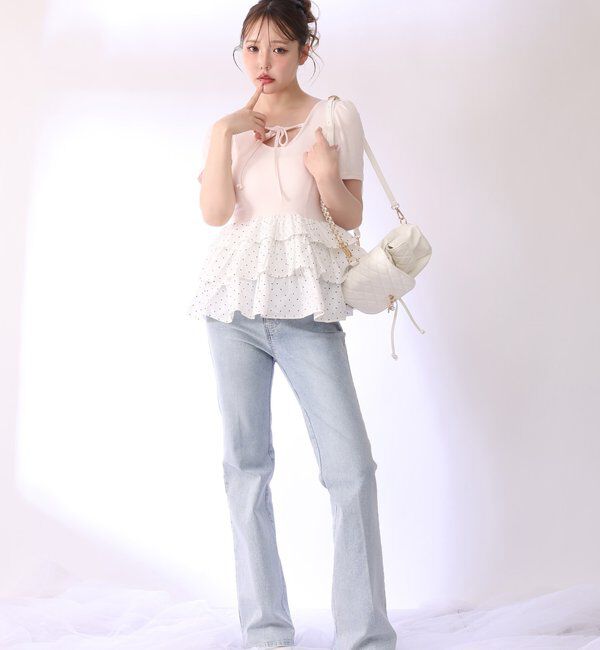  「リボン付き裾フリルペプラムトップス」|プルオーバー|