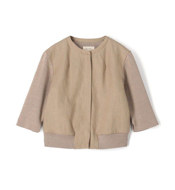 DES PRES「リネンファブリックコンビ ショートニットジャケット」|ノーカラージャケット|43 ベージュ
