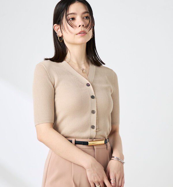 NOLLEY'S sophi「《手洗い可能》綿アセリブ半袖Vネックカーディガン」|カーディガン|