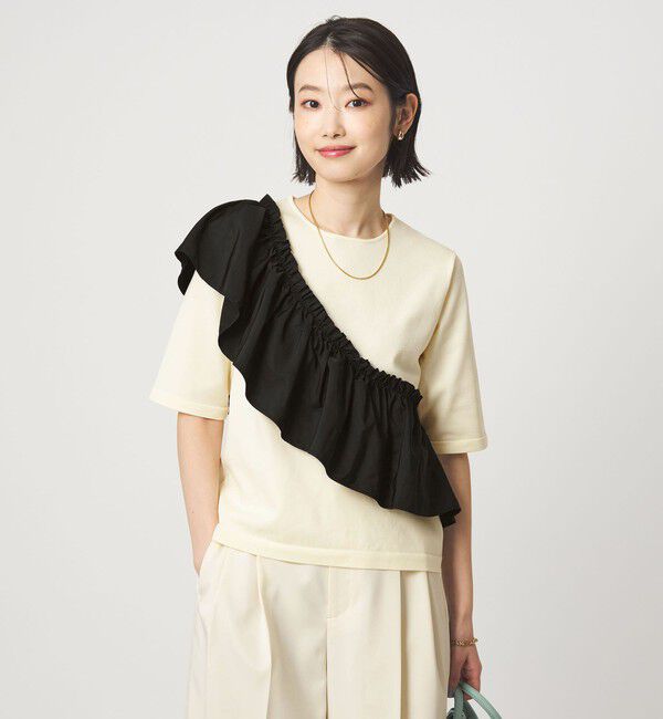 UNITED ARROWS green label relaxing「フリル ドッキング 5分袖 ニット プルオーバー ウォッシャブル」|ニット・セーター|OFF WHITE